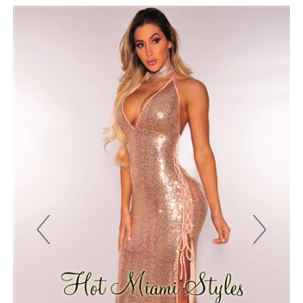 Hot Miami Styles Rose Gold Sequins Maxi